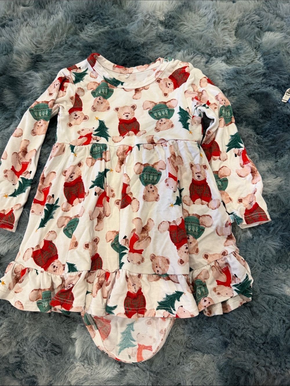 Posh Peanut White Dress with Red and Green Holiday Bear Print